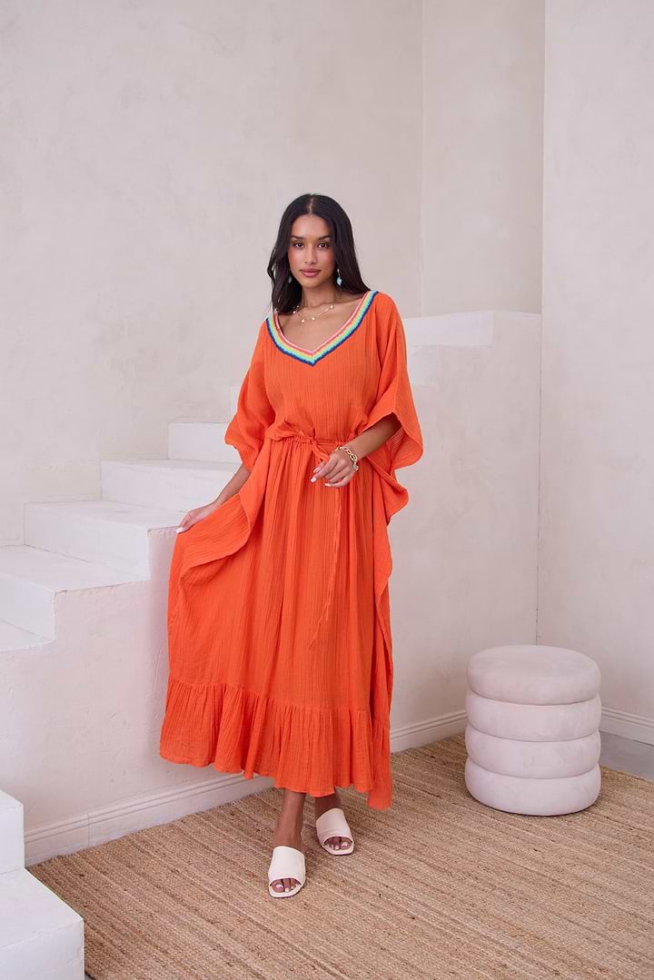 Crochet Rainbow Kaftan Maxi - Orange