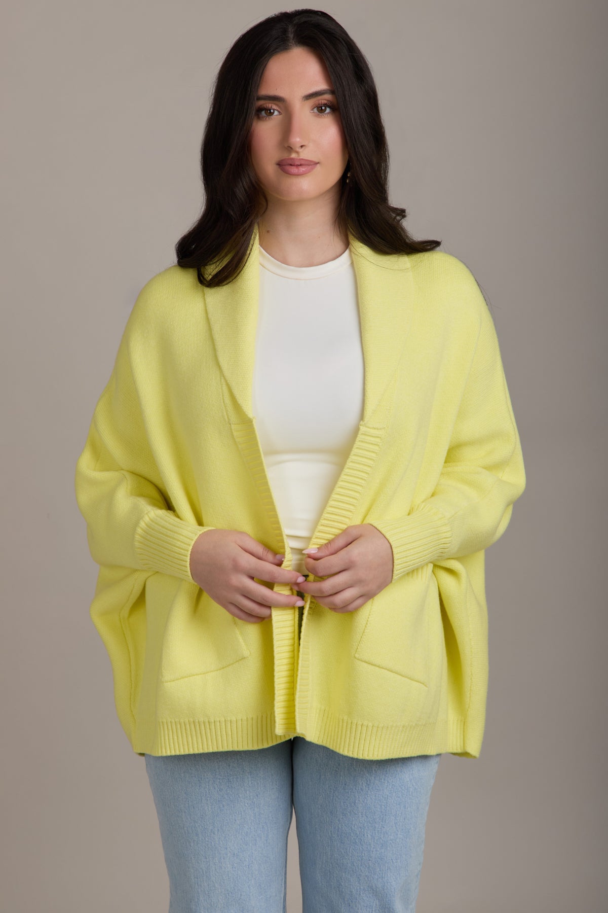 Open Front Oversized Cardigan Sweater - Light Yellow