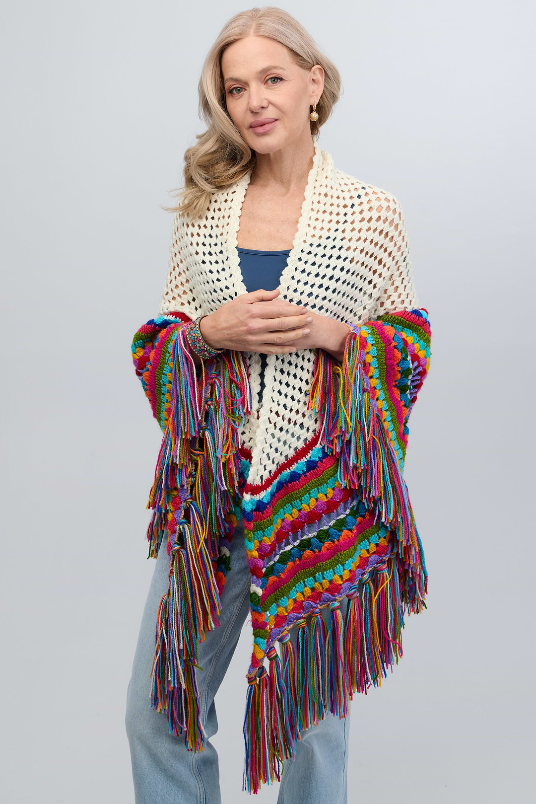 Rainbow Crochet Fringe Wrap - White