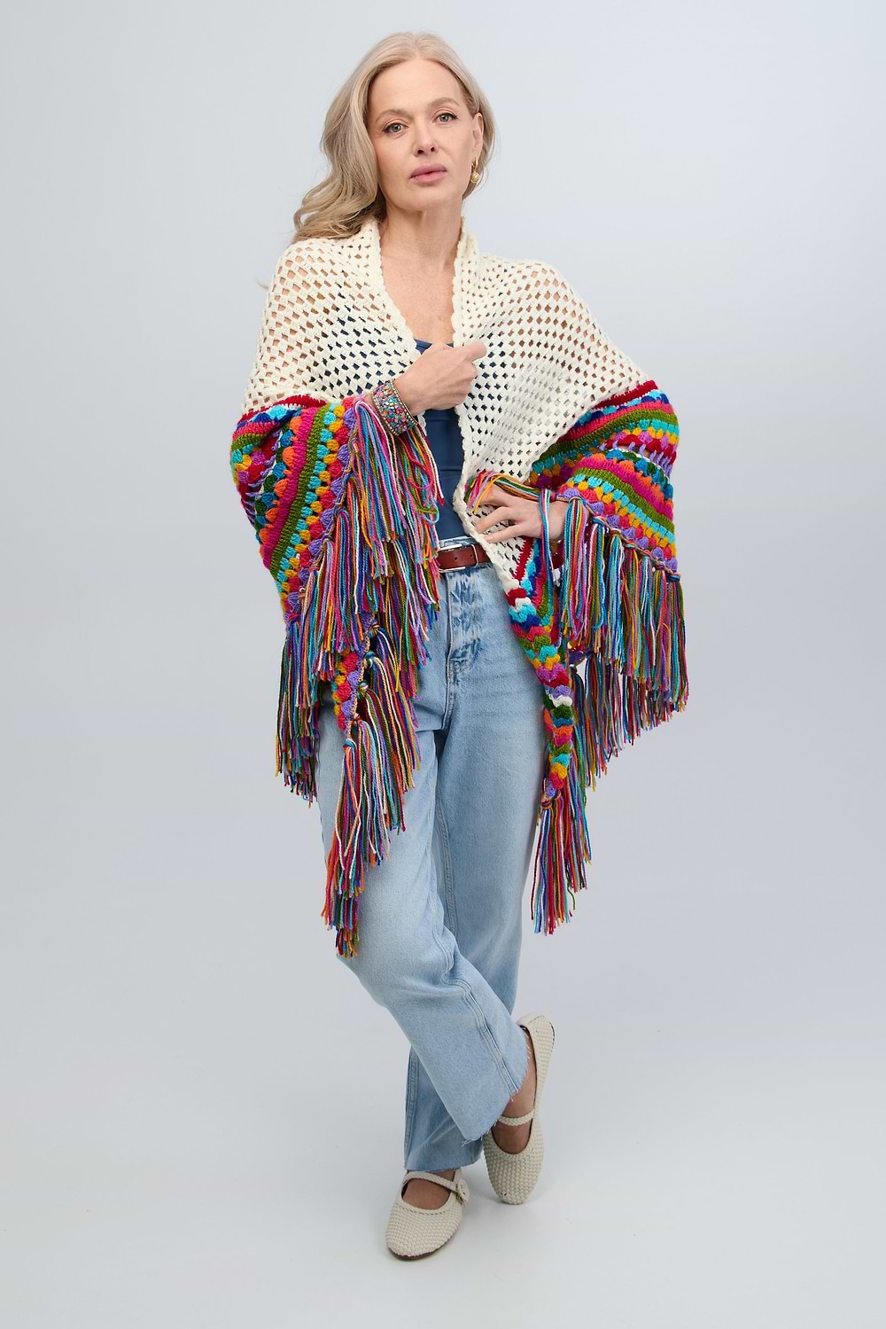 Rainbow Crochet Fringe Wrap - White