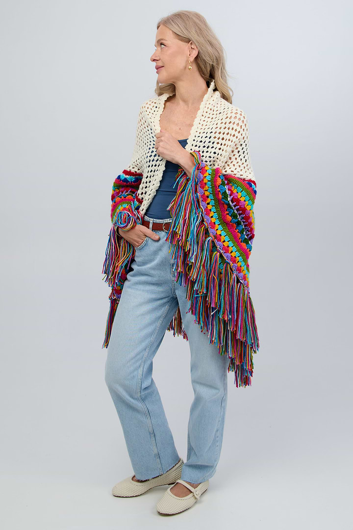 Rainbow Crochet Fringe Wrap - White