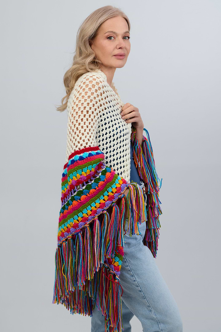 Rainbow Crochet Fringe Wrap - White