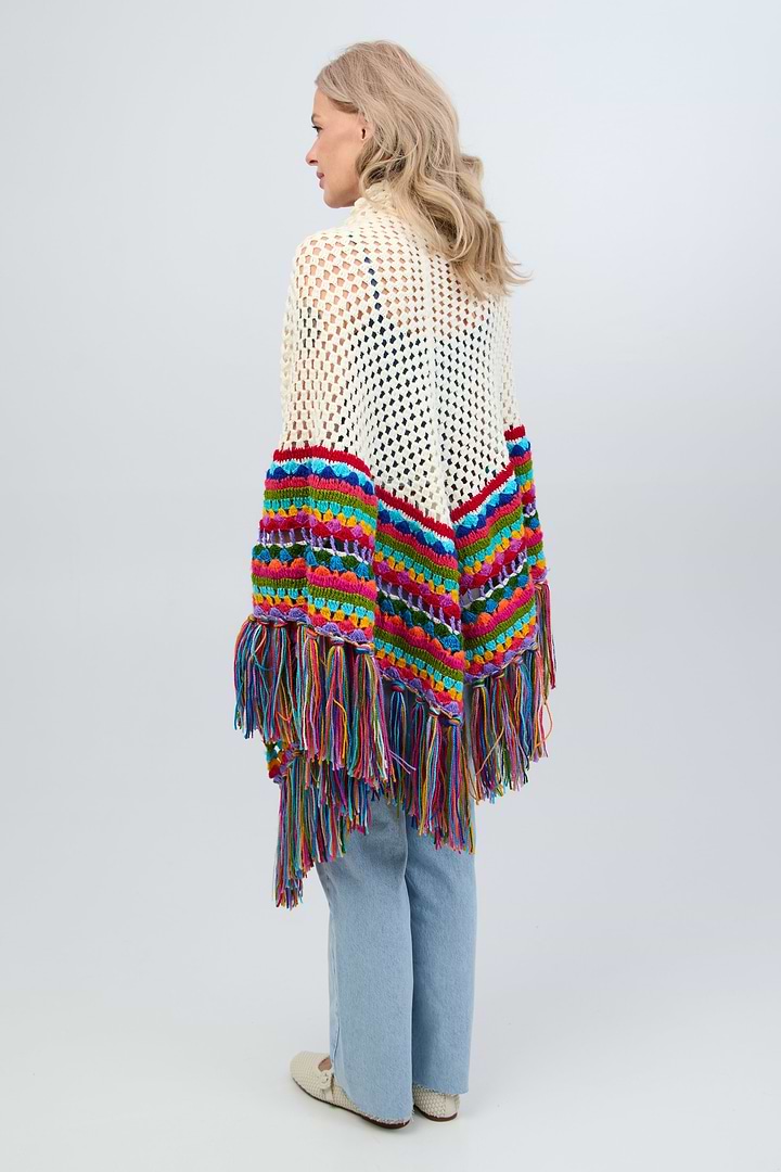 Rainbow Crochet Fringe Wrap - White