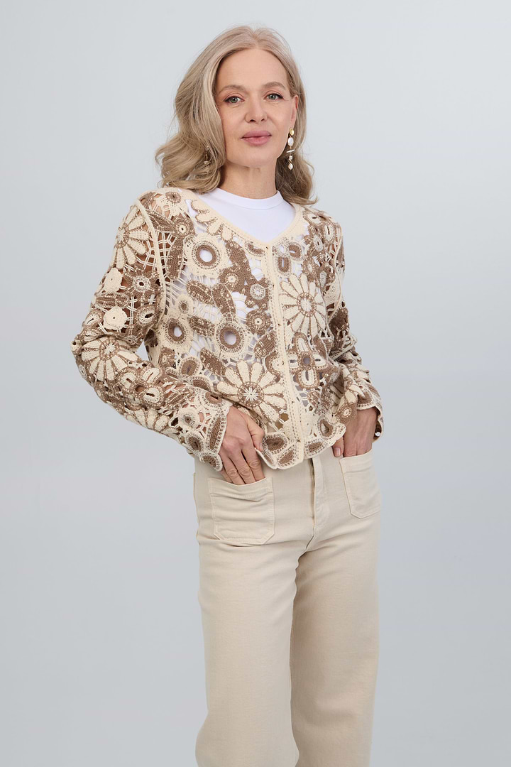 Flower Lace Crochet Jacket - Brown