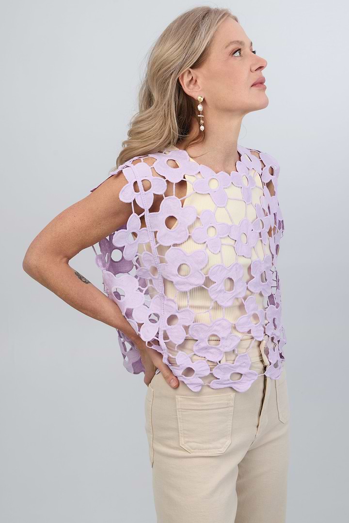 Floral Open Knit Vest Top - Lilac
