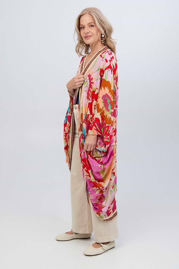 Wing Sleeve Floral Kimono - Pink Multi