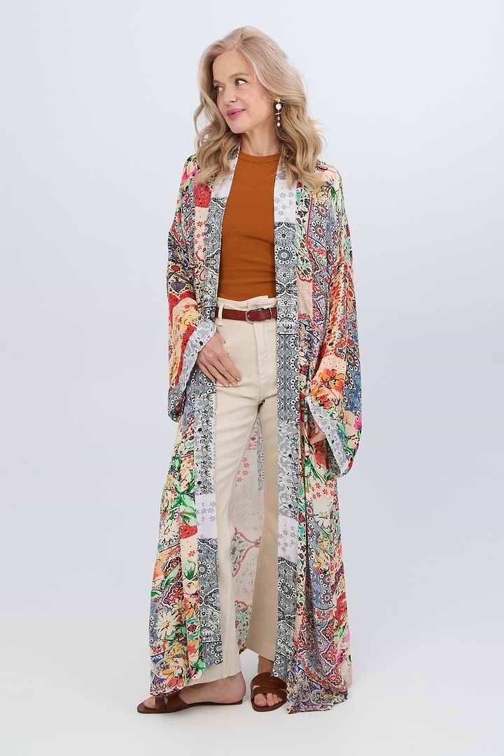 Mixed Floral Long Kimono Duster - Light Multi