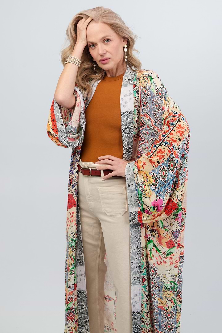 Mixed Floral Long Kimono Duster - Light Multi