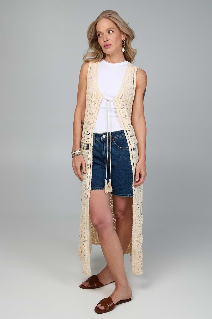 Crochet Tie Front Long Kimono - Ivory