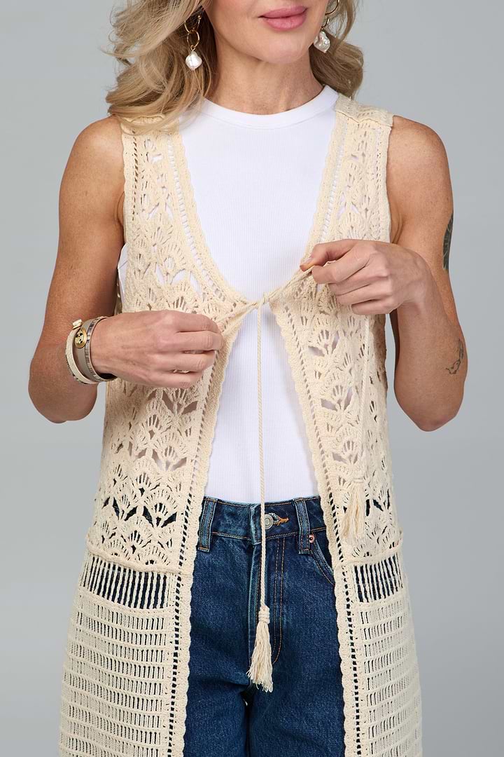 Crochet Tie Front Long Kimono - Ivory