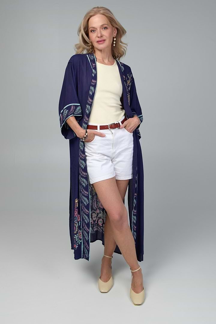 Flowy Paisley Kimono Long - Navy