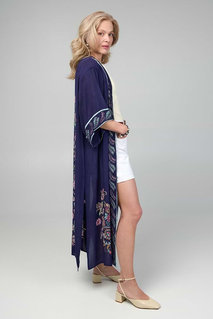 Flowy Paisley Kimono Long - Navy