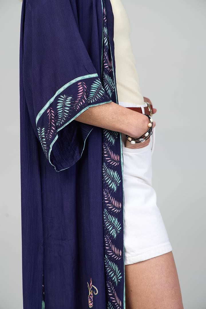 Flowy Paisley Kimono Long - Navy