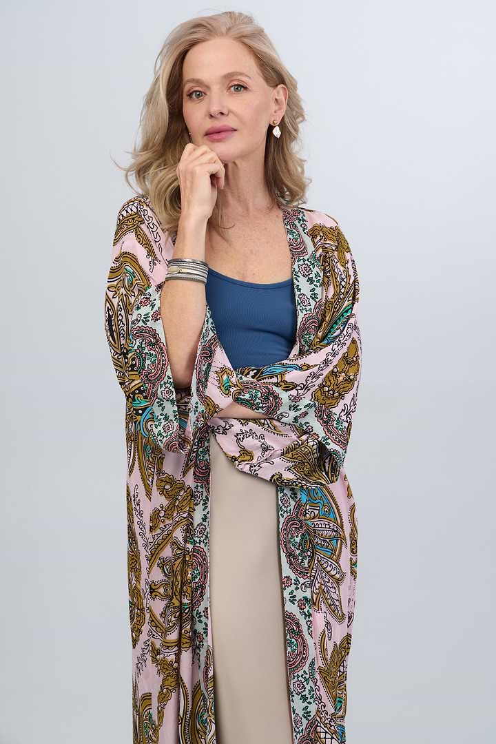 Multicolored Paisley Kimono Duster Long - Pink