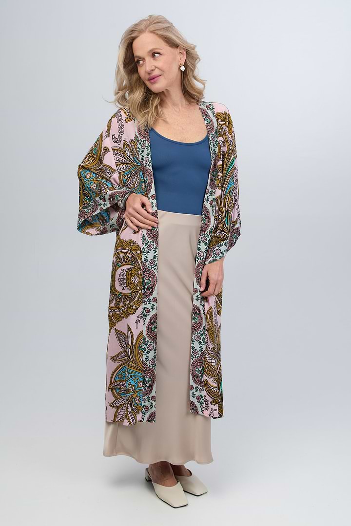 Multicolored Paisley Kimono Duster Long - Pink