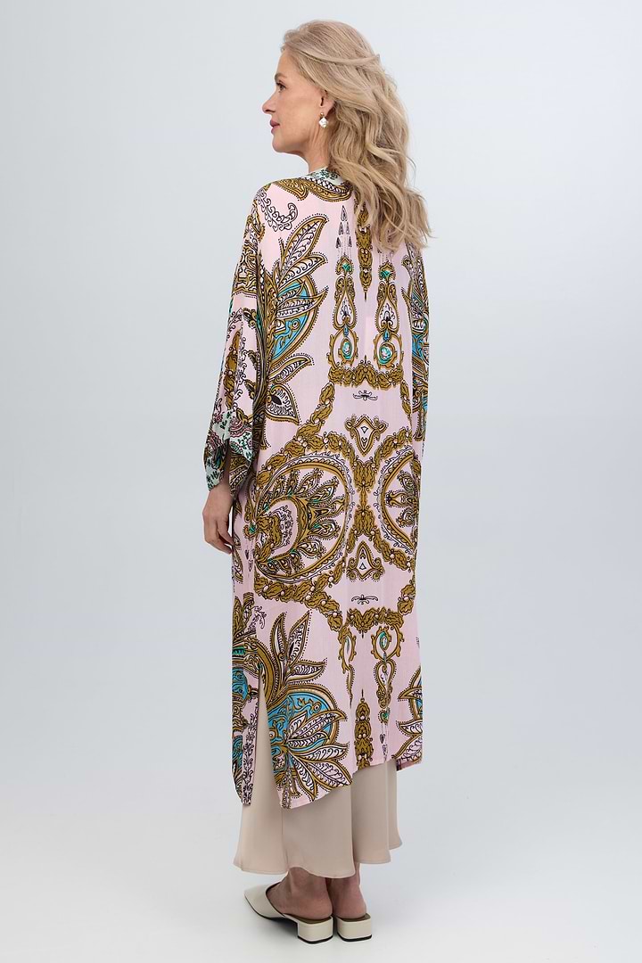 Multicolored Paisley Kimono Duster Long - Pink