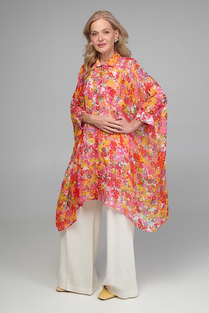 Oversized Colorful Floral Shirt Long - Hot Pink