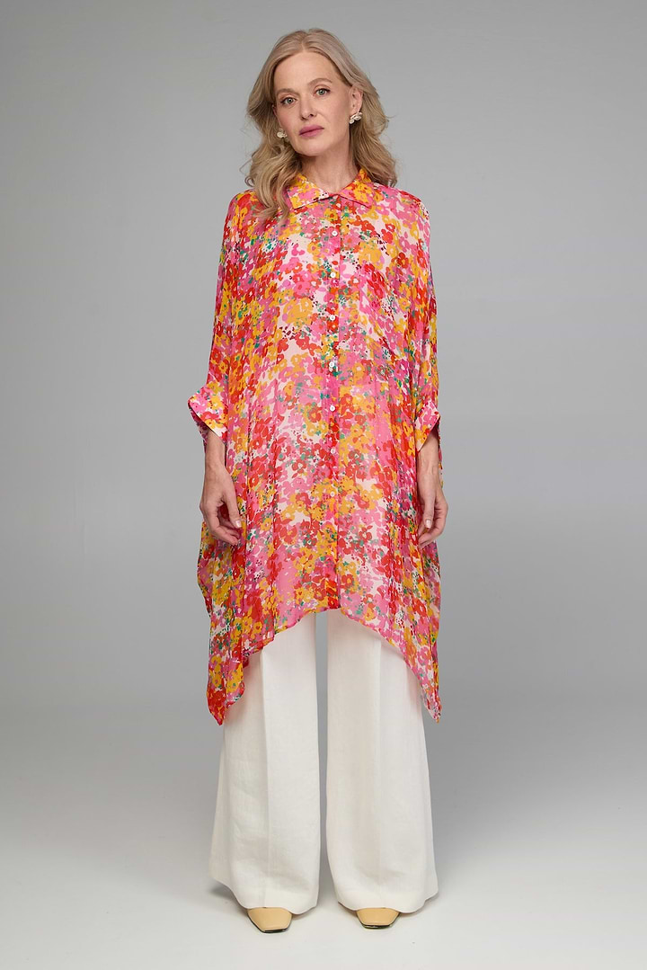 Oversized Colorful Floral Shirt Long - Hot Pink