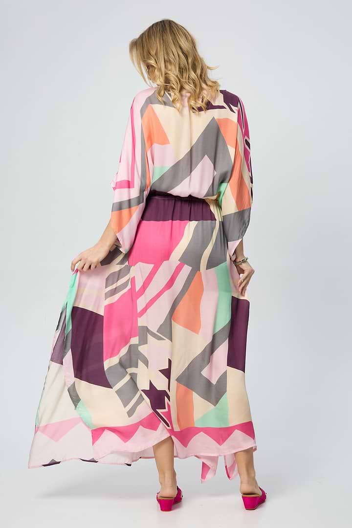 Multicolored Geo Tie Waist Keyhole Kaftan - Pink