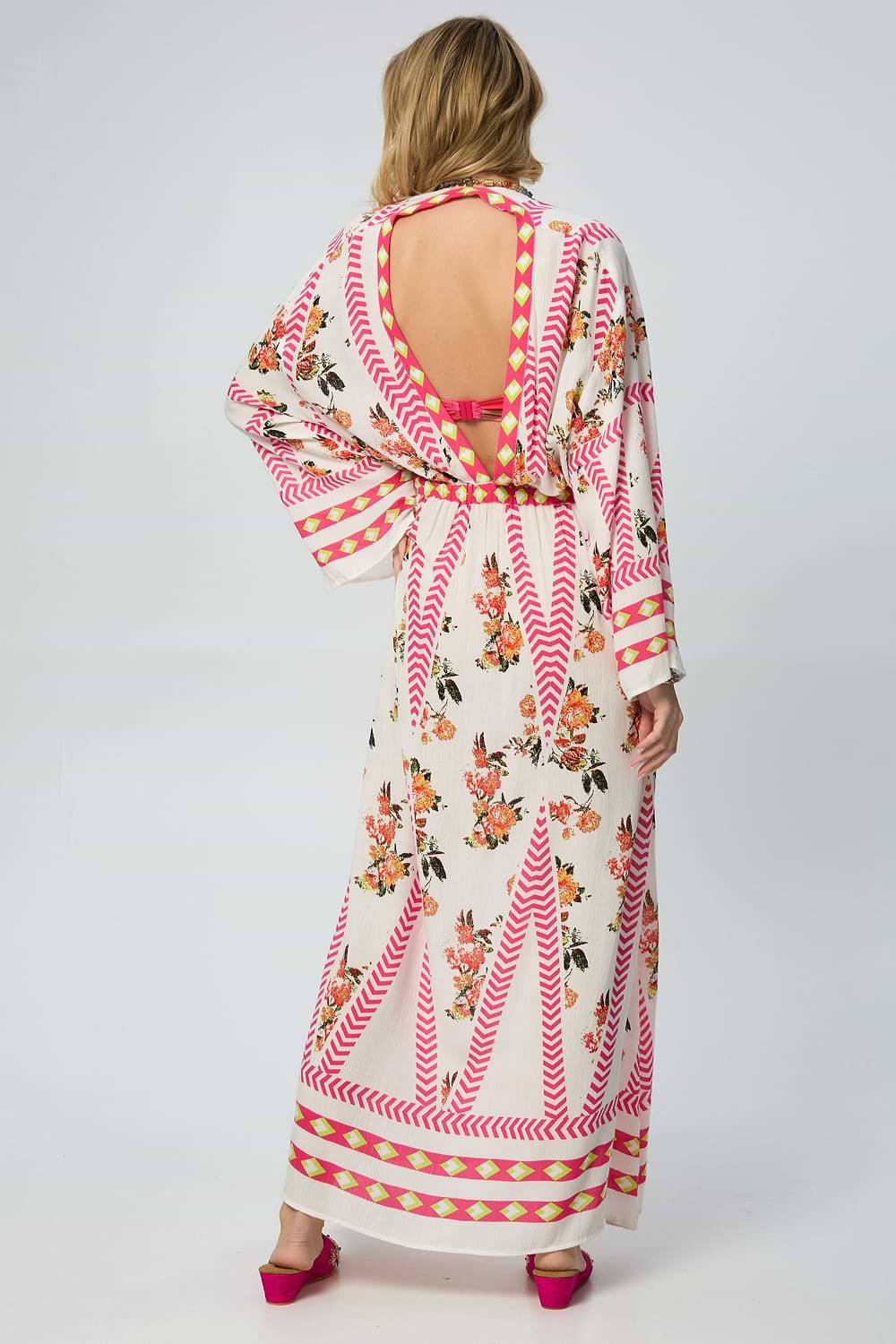 Aztec Floral Keyhole Kaftan - White Combo