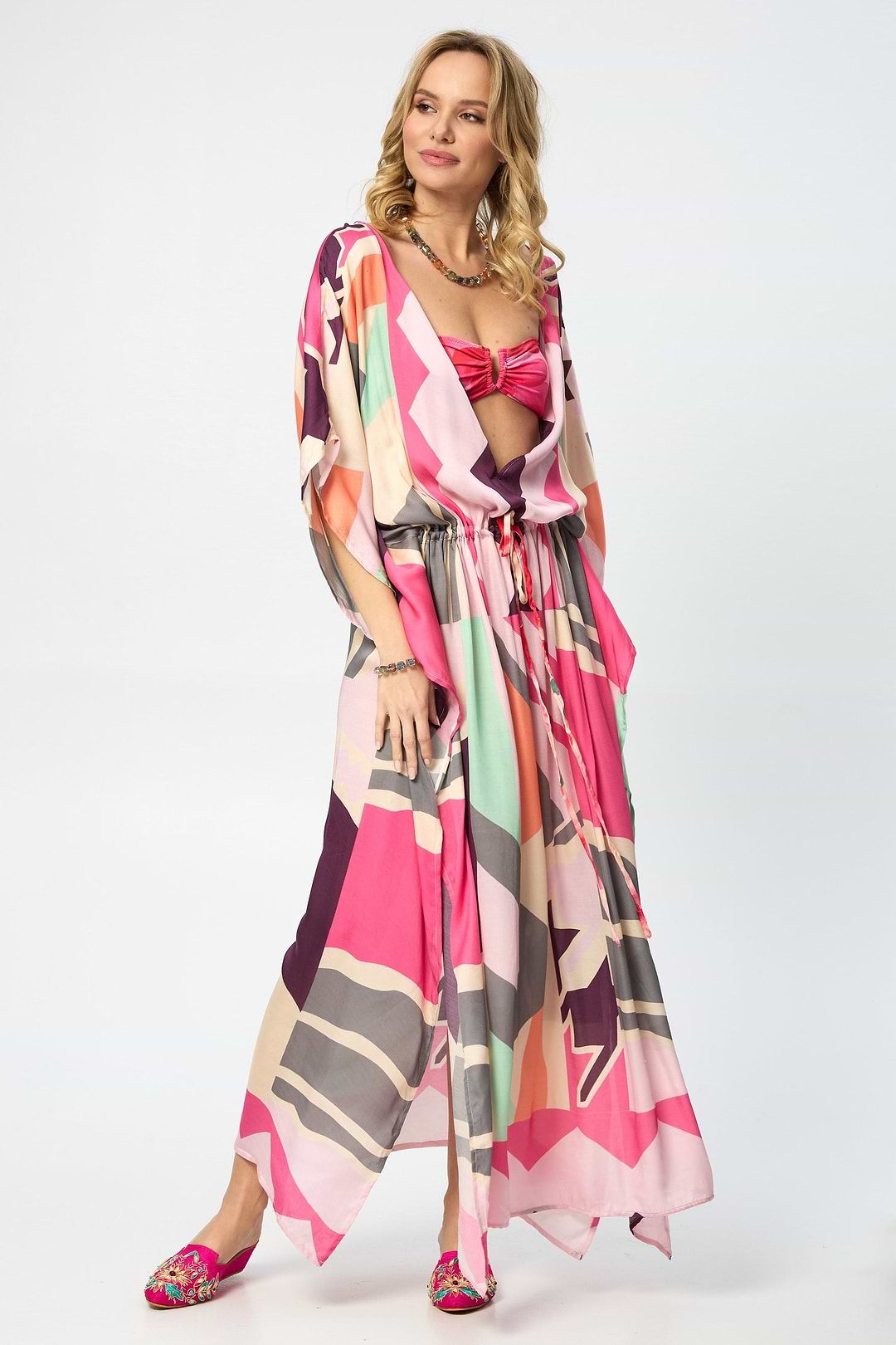 Multicolored Geo Tie Waist Keyhole Kaftan - Pink