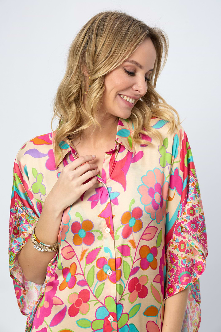 Multicolored Floral Collared Kaftan - Multi