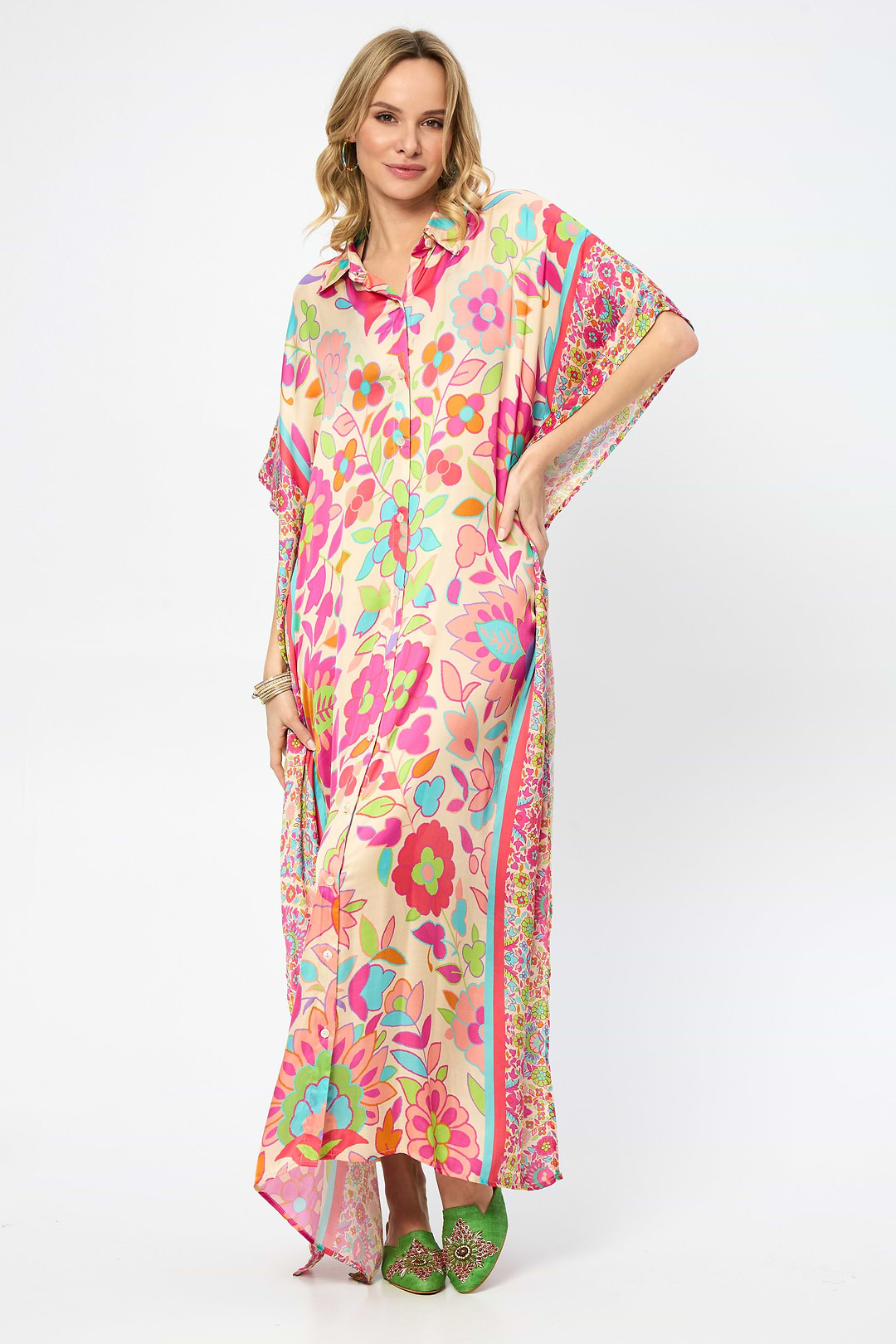 Multicolored Floral Collared Kaftan - Multi