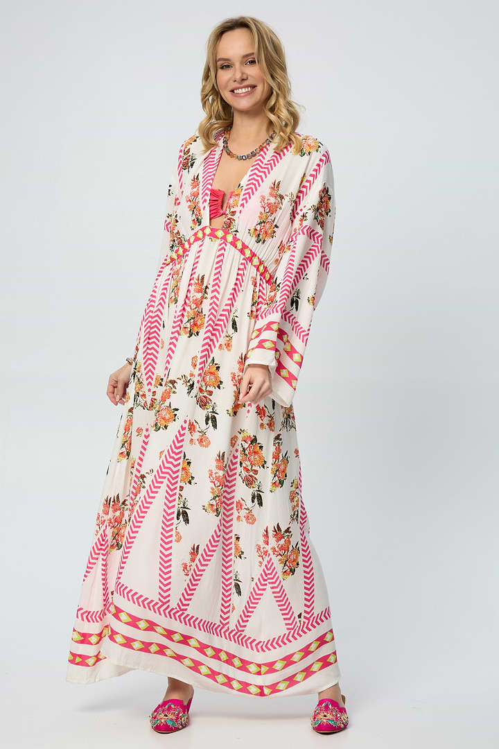 Aztec Floral Keyhole Kaftan - White Combo