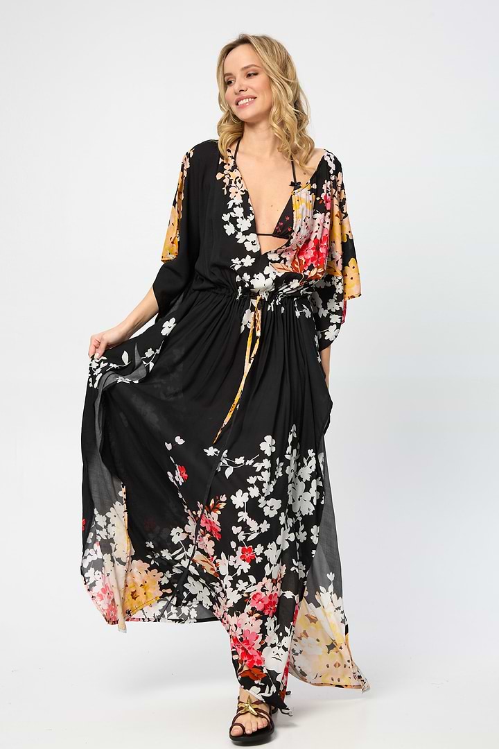 Multicolored Fiore Tie Waist Keyhole Kaftan - Black Combo