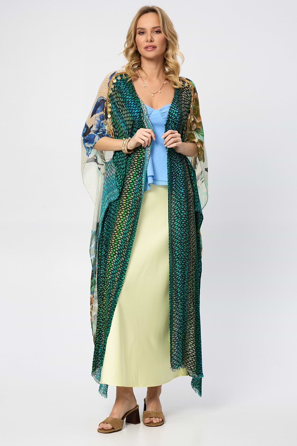 Shimmering Floral Print Kimono - Olive