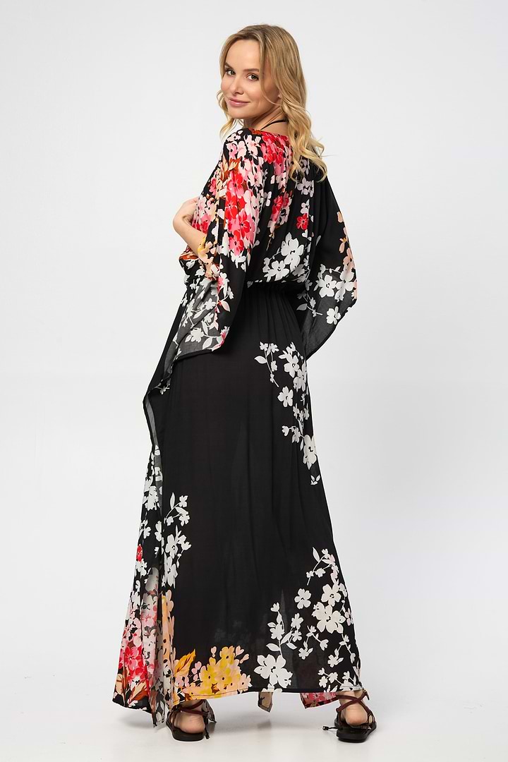 Multicolored Fiore Tie Waist Keyhole Kaftan - Black Combo