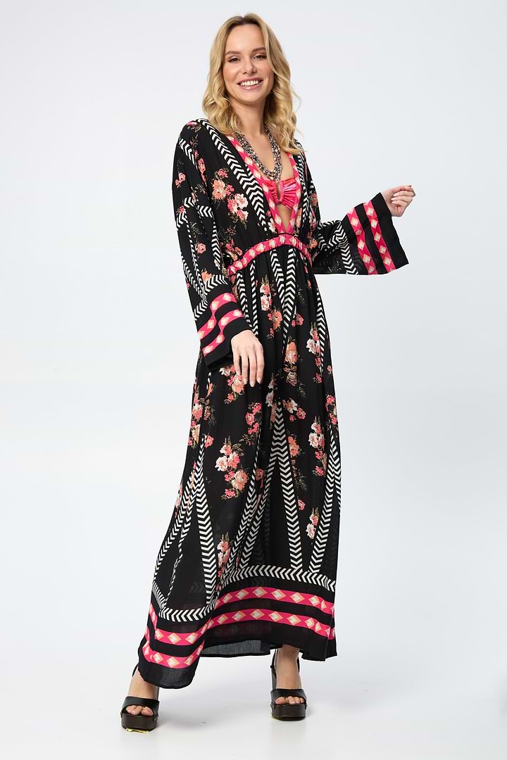 Aztec Floral Keyhole Kaftan - Black Combo