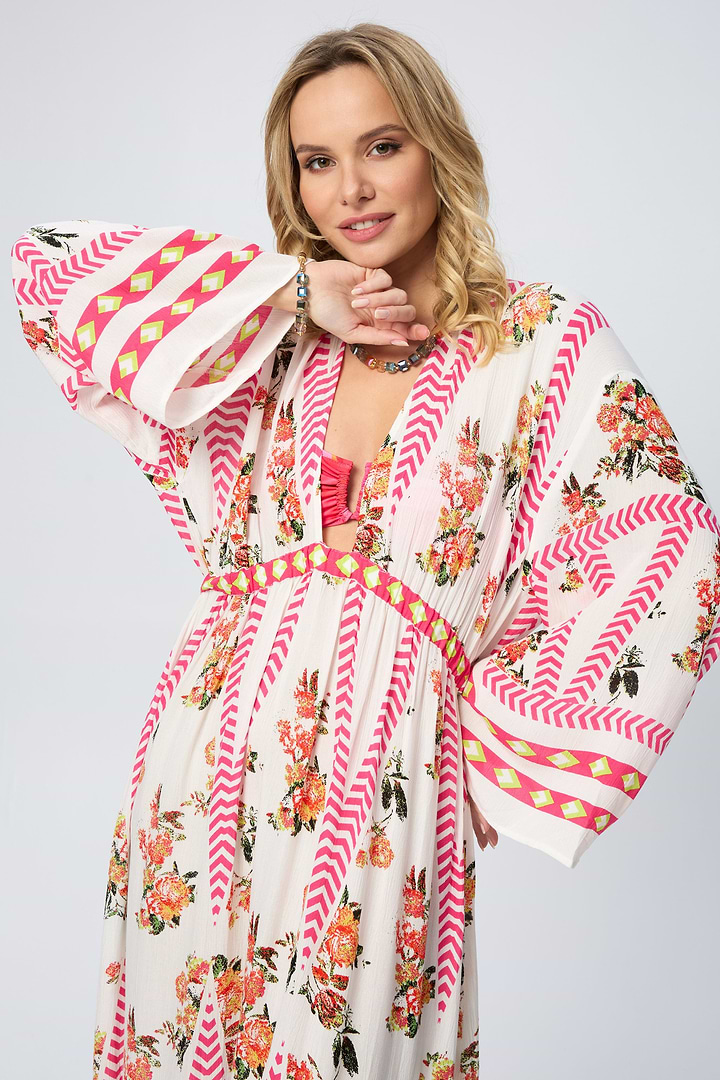 Aztec Floral Keyhole Kaftan - White Combo