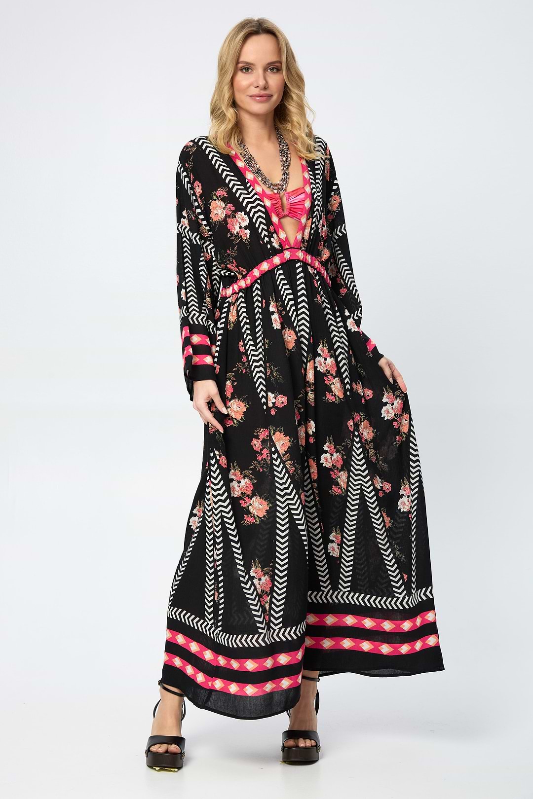 Aztec Floral Keyhole Kaftan - Black Combo