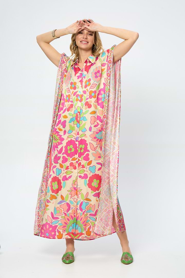 Multicolored Floral Collared Kaftan - Multi
