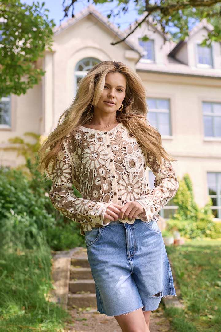 Flower Lace Crochet Jacket - Brown