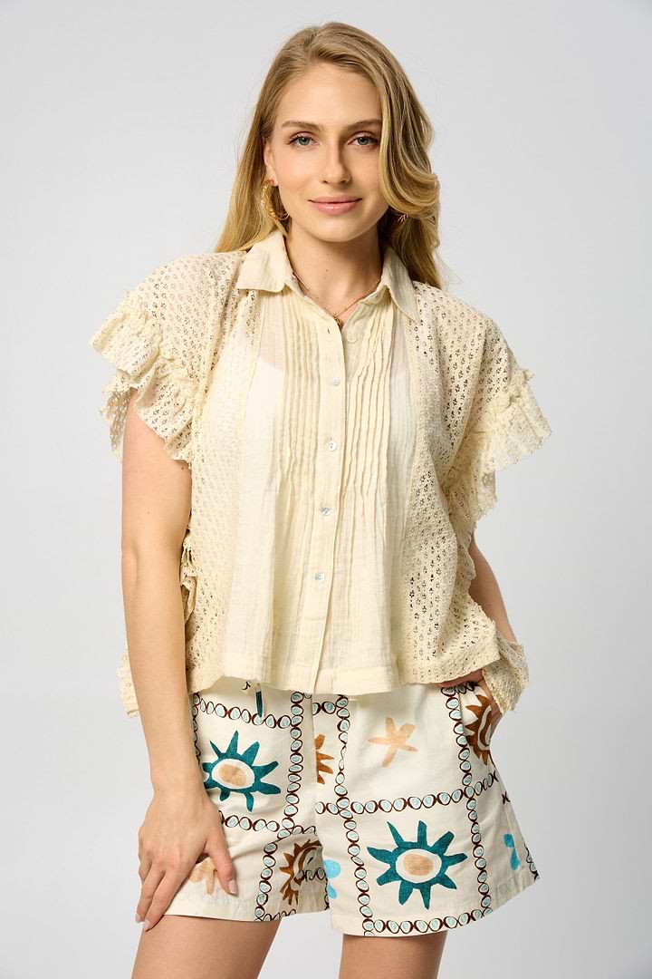 Ruffled Lace Button Down Shirt - Ivory