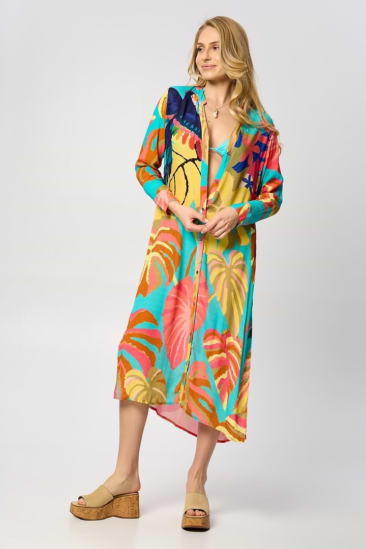 Tropical Button Long Kimono - Multi