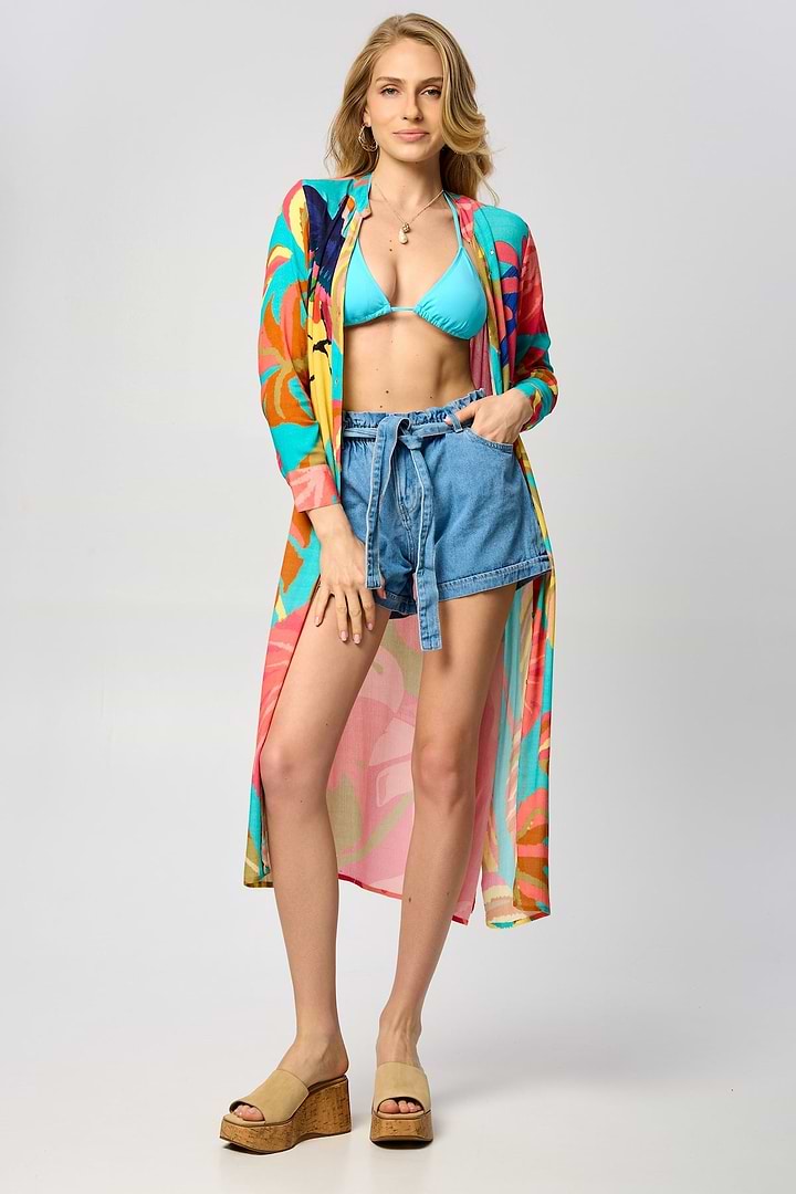 Tropical Button Long Kimono - Multi