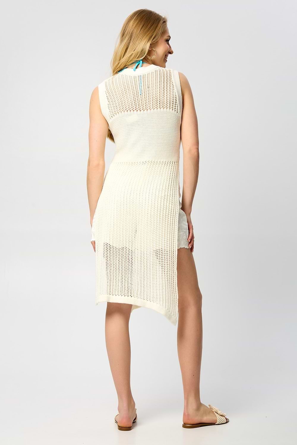 Cotton Crochet Cover Up Split Hem Kaftan - Ivory