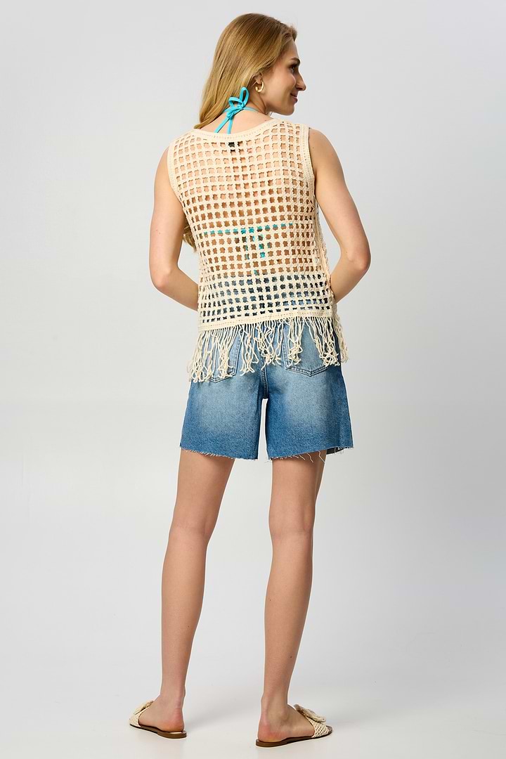 Chunky Knit Fringe Cover Up - White