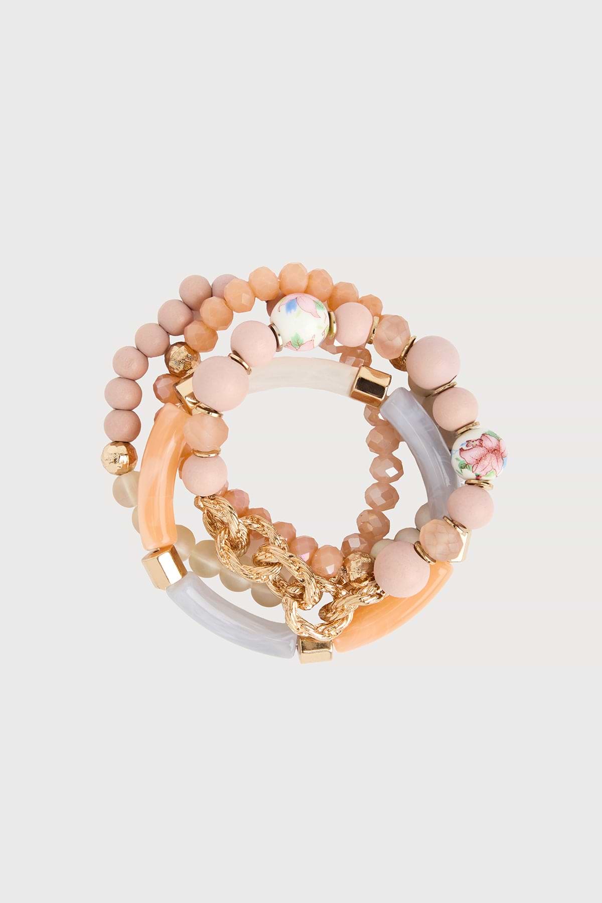 Beaded Wood Chain Link Bracelet Set - Dark salmon