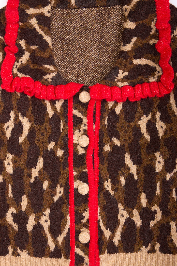 Leopard Collar Button Cardigan - Brown