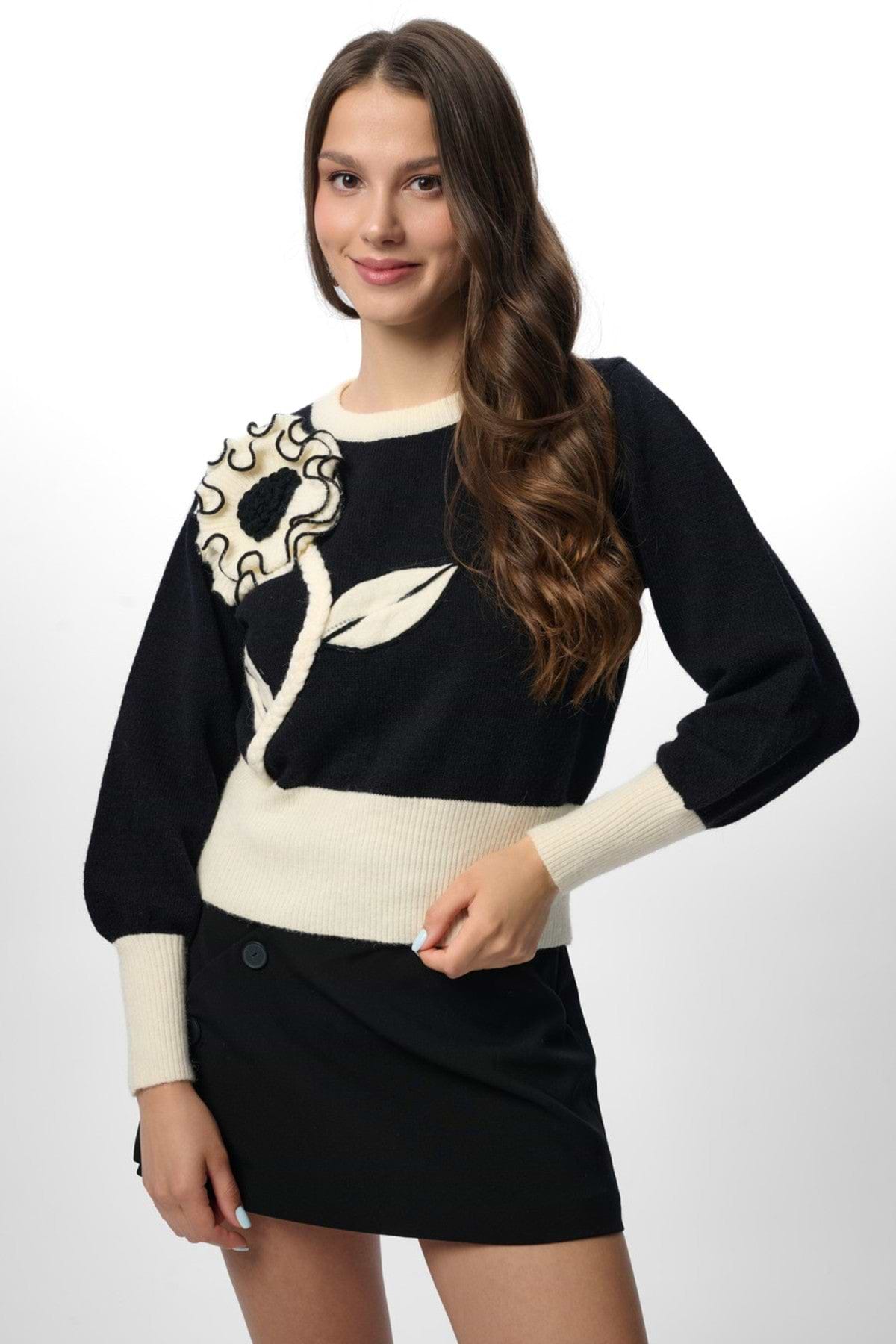Ruffled Bloom Pullover Sweater - Black