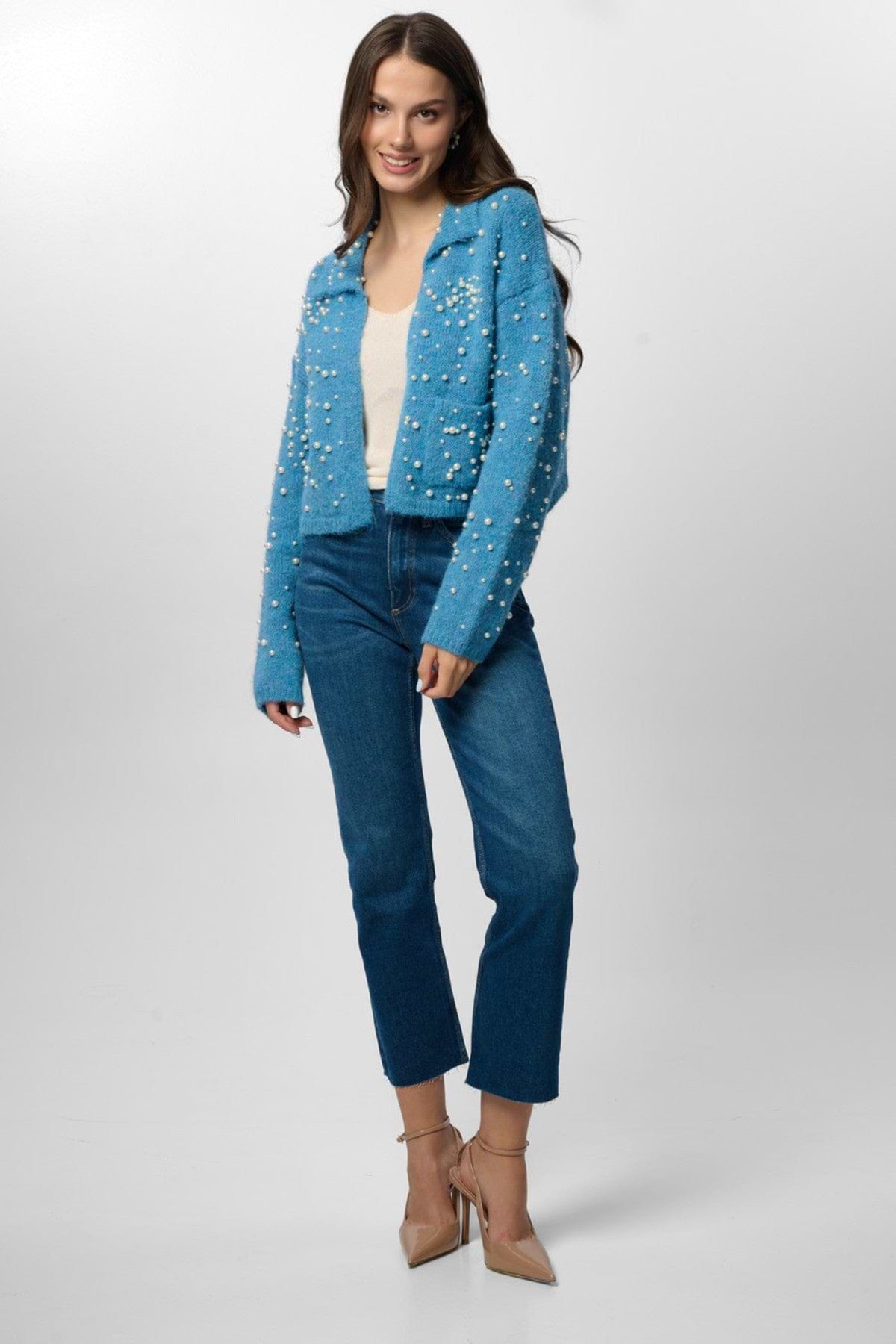Pearl Collared Open Cardigan - Blue