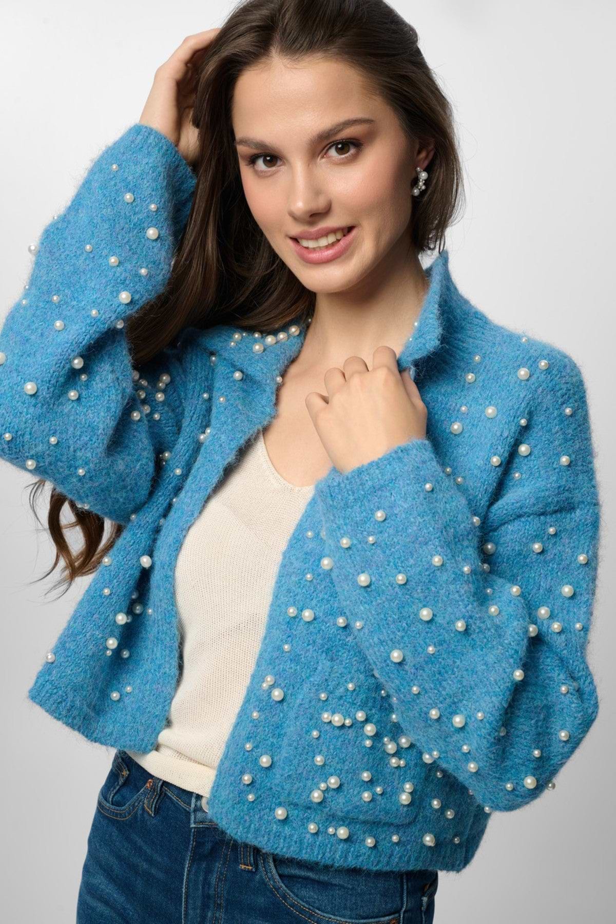 Pearl Collared Open Cardigan - Blue