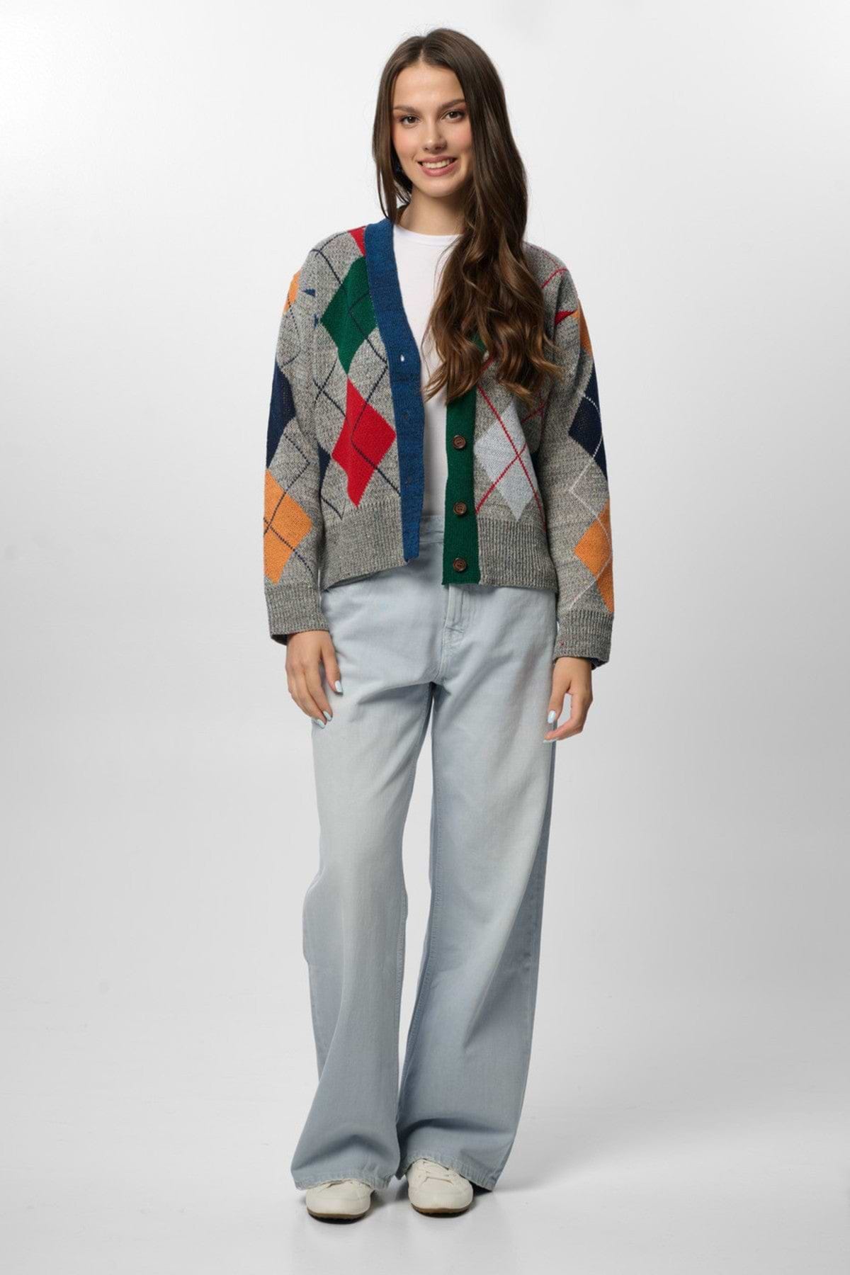 Classic Colorful Argyle Cardi - Grey