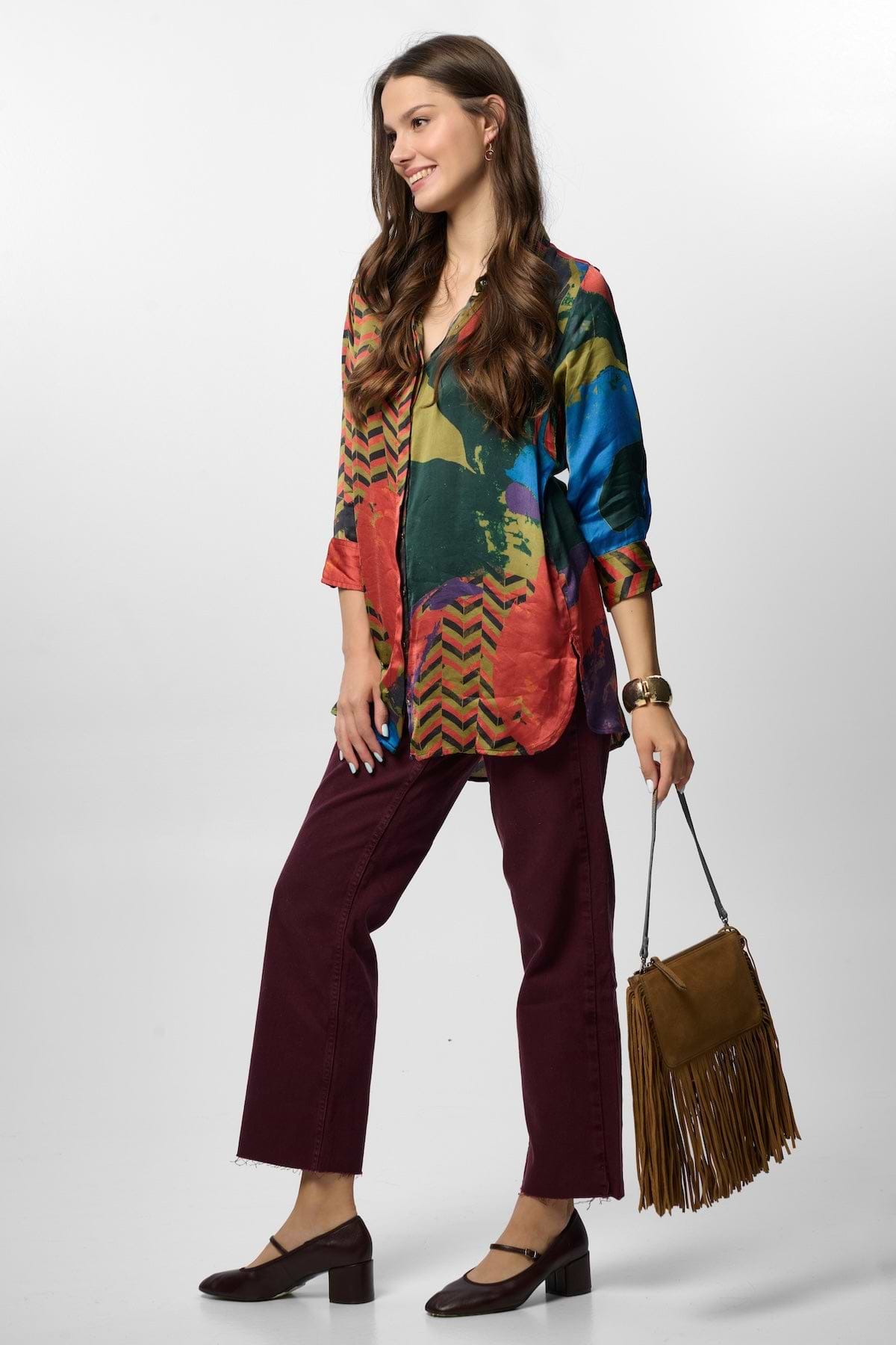 Satin Abstract Geometric Shirt - ORANGE