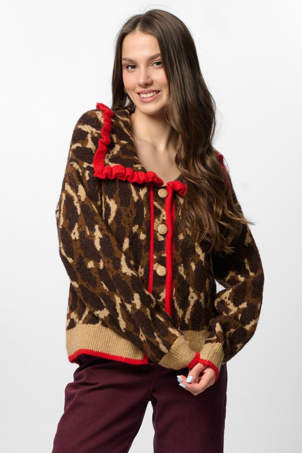 Leopard Collar Button Cardigan - Brown