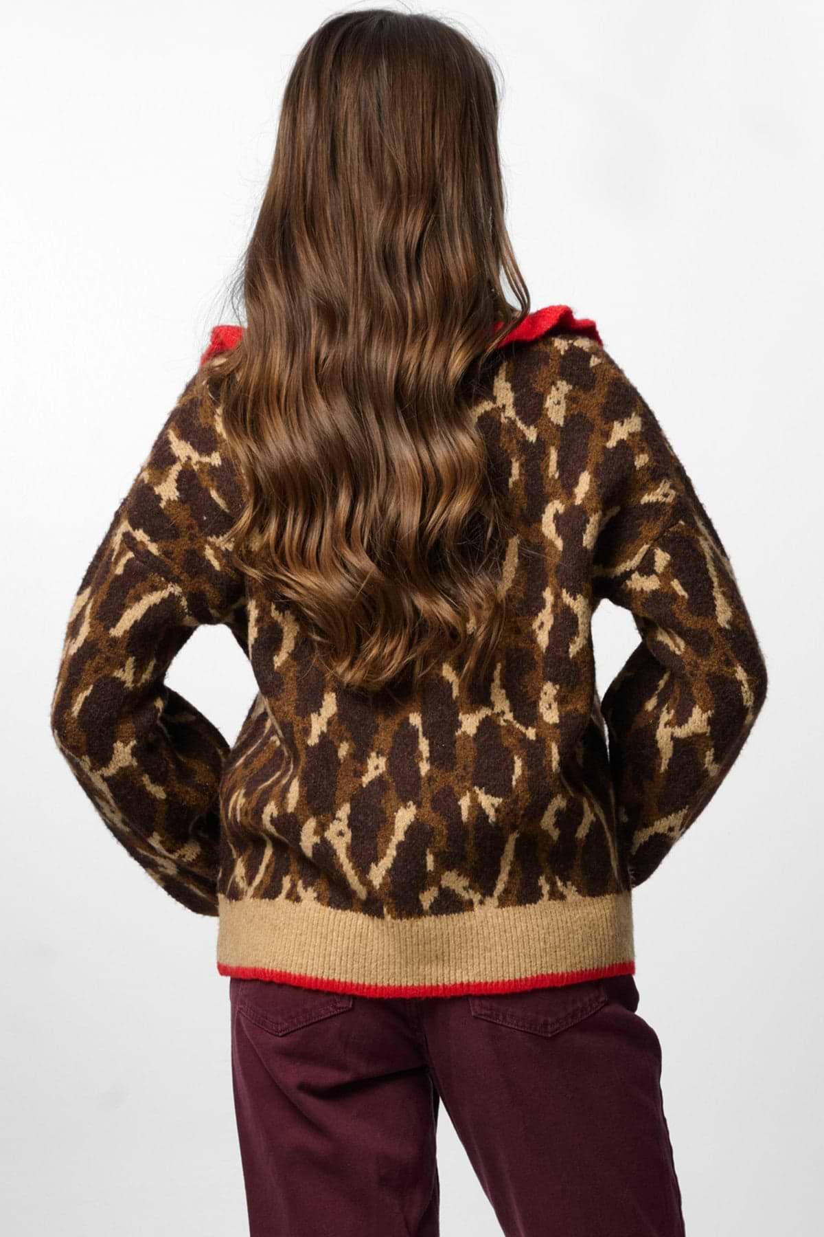 Leopard Collar Button Cardigan - Brown